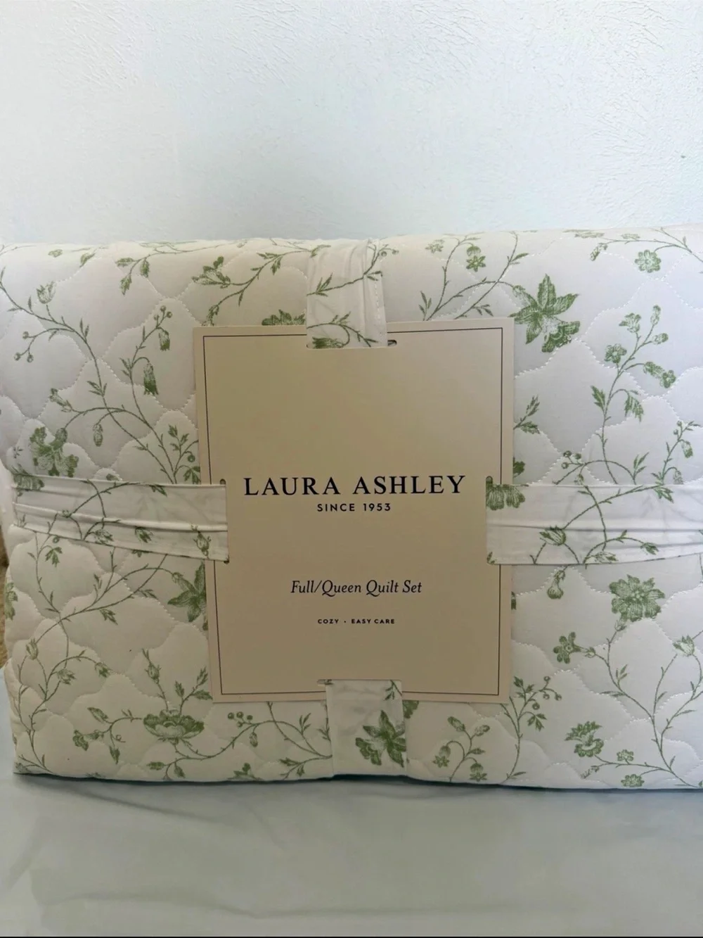 Laura Ashley Cream Quilt with Light Green Floral Vine